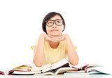 young student girl thinking with book over white background