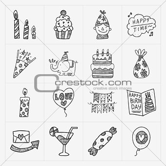 Doodle Birthday party icon set