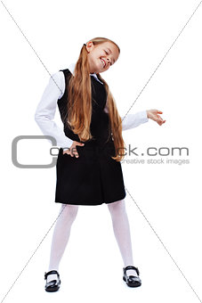 Happy little girl in stylish outfit with air guitar