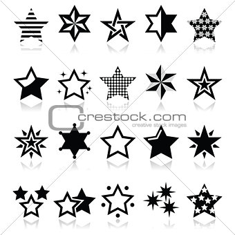 Stars black icons with reflection isolated on white
