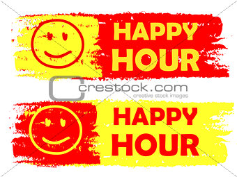 happy hour with smile sign, yellow and red drawn labels