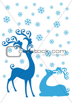 Christmas deers in snowfall, vector