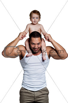 Loving father with daughter on shoulders isolated on white backg