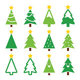Christmas green tree with star vector icons set