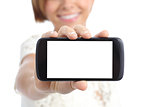 Closeup of a girl hand showing a horizontal blank smartphone screen