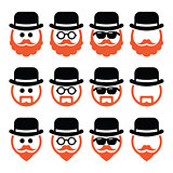 Man in hat with ginger beard and glasses icons set