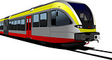 Gray-red-yellow modern speed bullet train. Fast suburban, subway