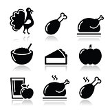 Thanksgiving Day food icons set - turkey, pumpkin pie, cranberry sauce, apple juice