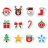 Christmas colorful icons set - Santa, present, tree, Rudolf