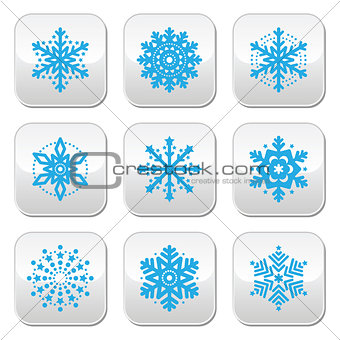 Snowflakes, winter blue vector buttons set