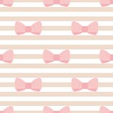 Tile vector pattern with pastel pink bows on brown and white stripes background.