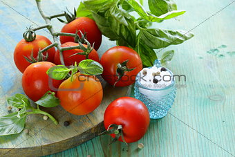 branch of fresh organic  tomatoes with green basil on wooden background