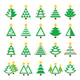 Christmas green tree - various types vector icons set