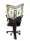 Business man sitting on a chair with American currency in hands
