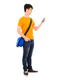 young student holding a smartphone with white background