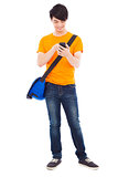young student holding a smartphone and touching
