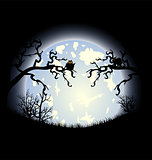 Halloween night background with house and tree