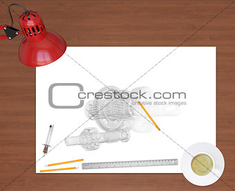 Engineering drawing and office supplies on background of wooden table