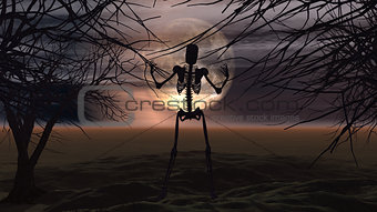 Halloween background with spooky trees and skeleton