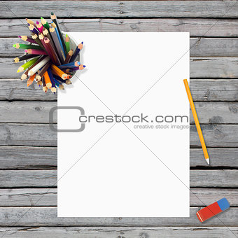 Lie on wooden floor empty paper sheet and stationery