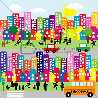 Cartoon city with people pictograms