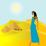 Egyptian background with ancient woman and pyramids