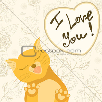 Cute romantic card with tender cat who licks the screen