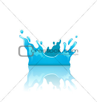 Blue water splash crown with reflection, isolated on white backg