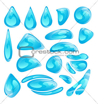 Set different water drops isolated on white background