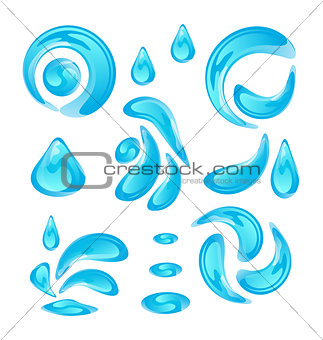 Water drops, splashing waves, set isolated on white background