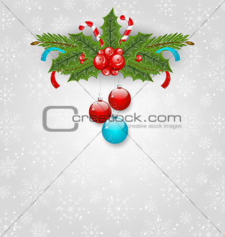 Christmas background with balls, holly berry, pine and sweet can