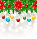 Christmas background with balls, holly berry, pine and poinsetti
