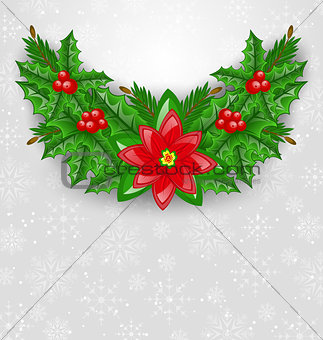 Christmas decoration with holly berry, pine and poinsettia