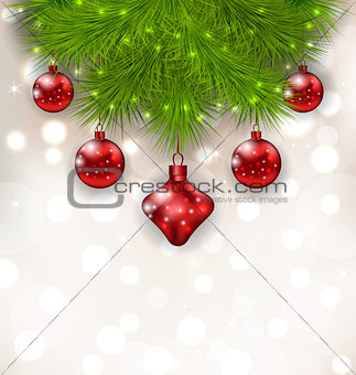 Christmas composition with fir twigs and red glass balls