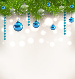 Christmas shimmering background with fir twigs and glass balls