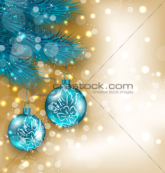 New Year decoration with  hanging balls on fir twigs