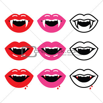 Vampire mouth, vampire teeth vector icons set
