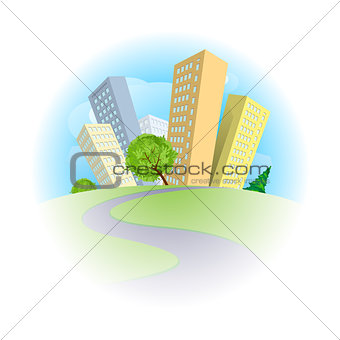 Abstract city on a green hill