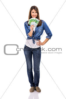 Beauitful woman holding money