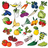 Freehand drawing fruits and vegetables icon set