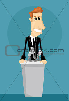 Cartoon office worker in a podium