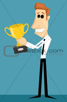 Cartoon office worker with with a trophy