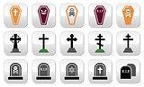 Halloween, graveyard icons set - coffin, cross, grave