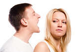 Man screaming at his girlfriend over white background