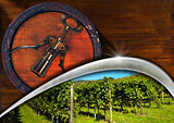 Corkscrew with Wooden Barrel and Vineyard