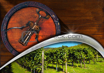 Corkscrew with Wooden Barrel and Vineyard