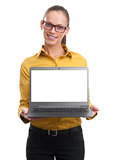 Businesswoman showing laptop screen with copy space