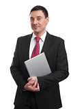 Portrait of smiling young businessman with laptop