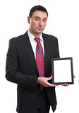 Smiling executive holding a tablet