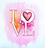 Word LOVE over abstract watercolor painting and red heart